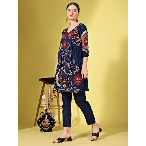 Womanista Women Pure Cotton Ista Solid Regular Kurti Set(Co-Ords_9145_Navy Blue_Xl)