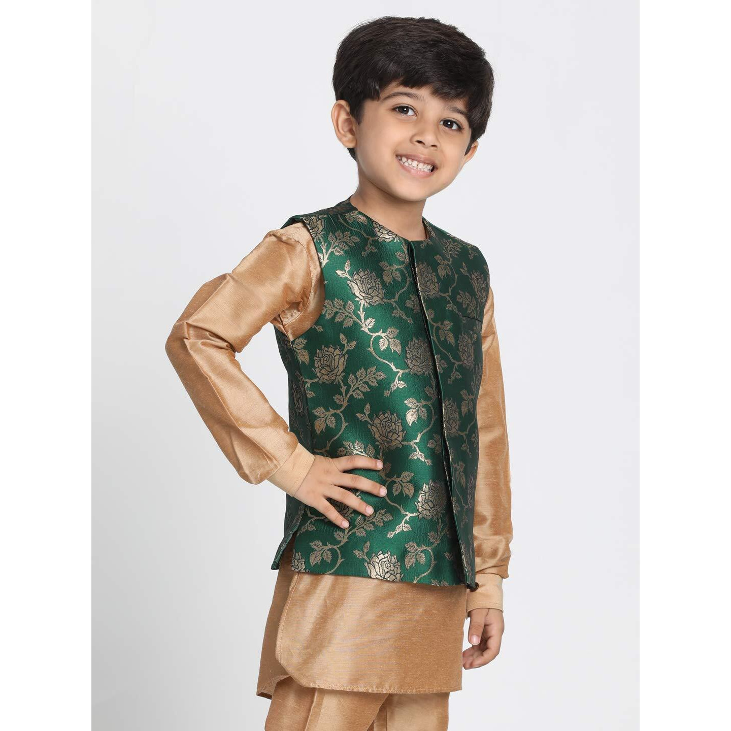 Jbn Creation Boys' Forest Green And Zari Gold Silk Blend Nehru Jacket_Jbnbj031Gn_28