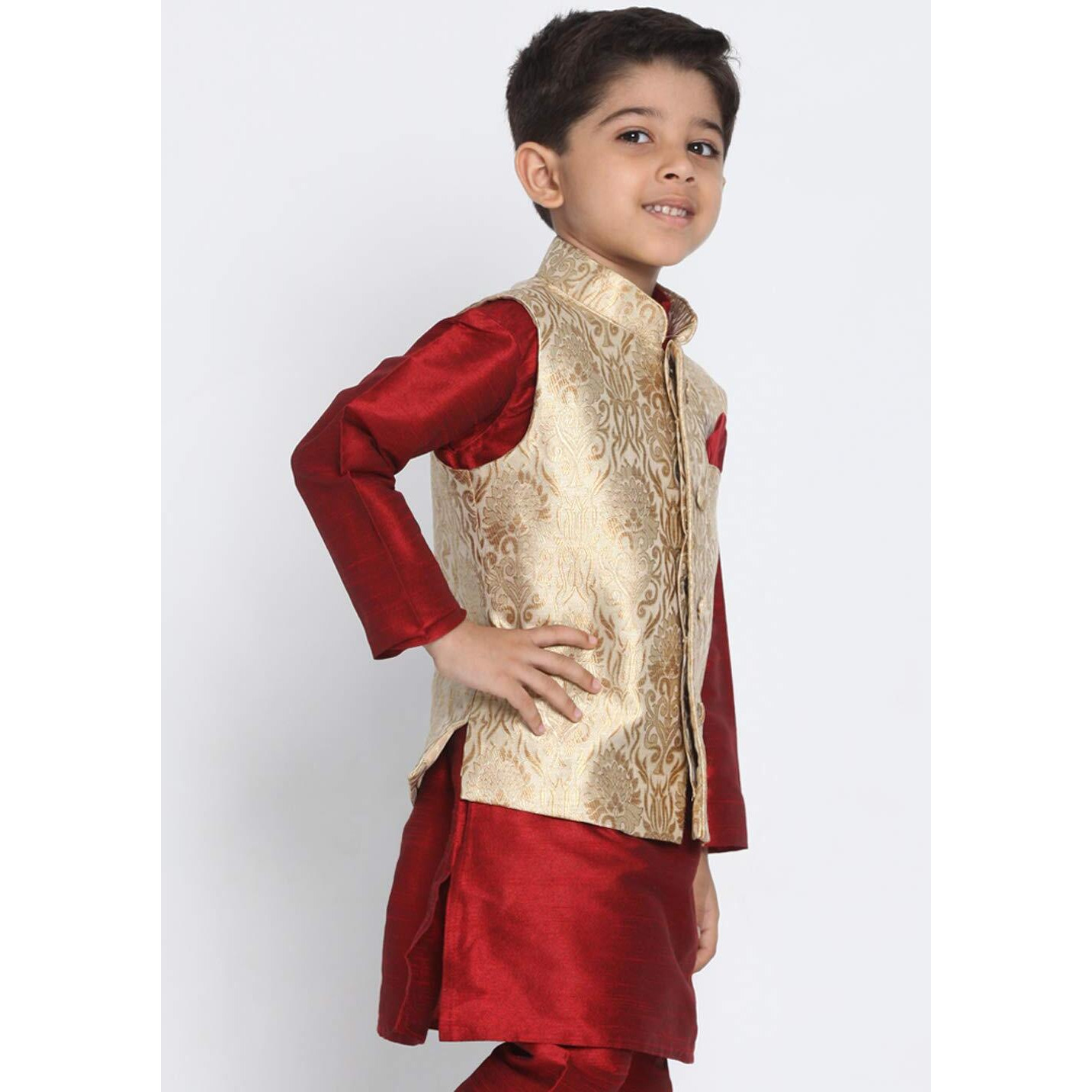 Jbn Creation Boys' Rose Gold Silk Blend Nehru Jacket || Banarasi Brocade Woven Jacquard Modi/Nehru Jacket || Ethnic Wear For Festivals, Weddings_Vasbj024Rg_36