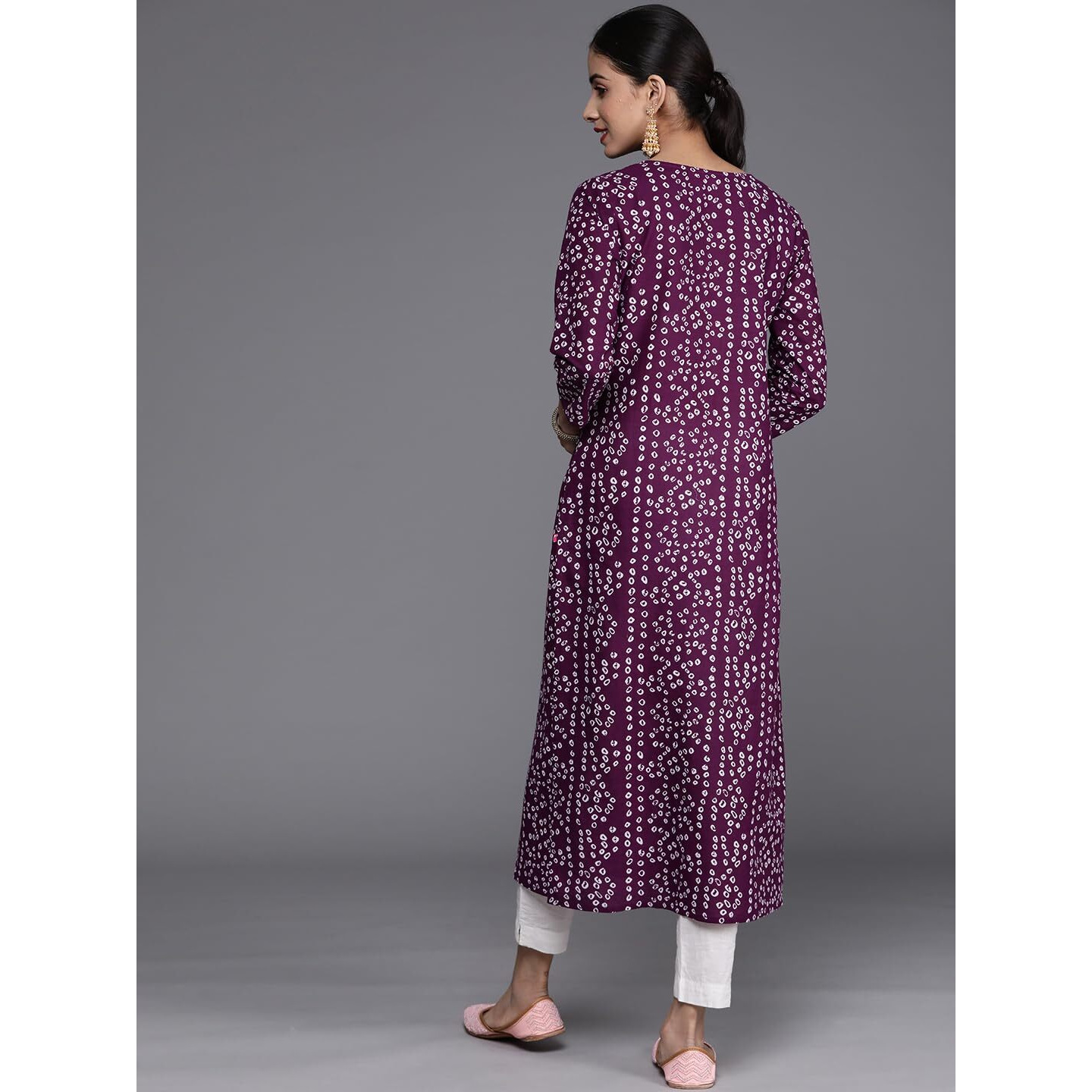 Varanga Women Purple & White Bandhani Printed Cotton Kurta With Gota Embroidery, Round Neck & 3/4Th Sleeves (Medium)