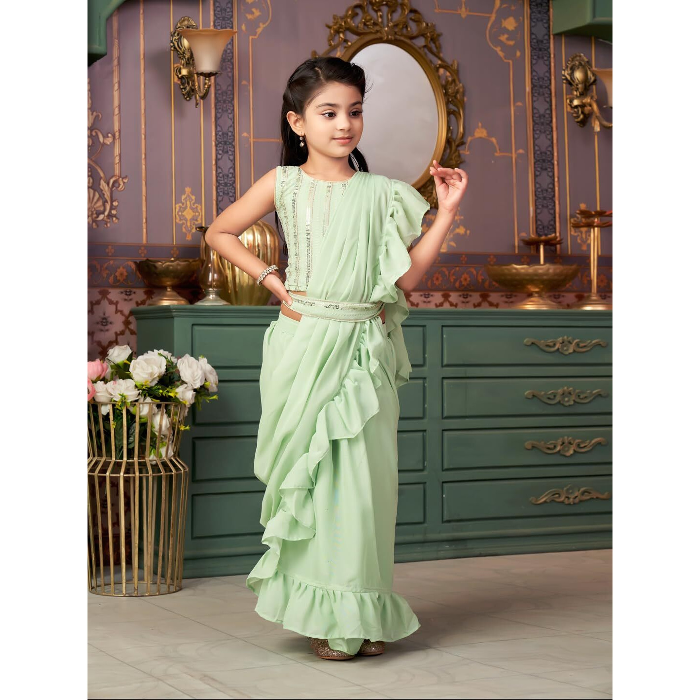 Aarika Girls Ethnic Wear Green Colour Sequin Embroidery Georgette Lehenga Choli Set With Attached Dupatta-4-13 Years (Lch-Shm-5018)