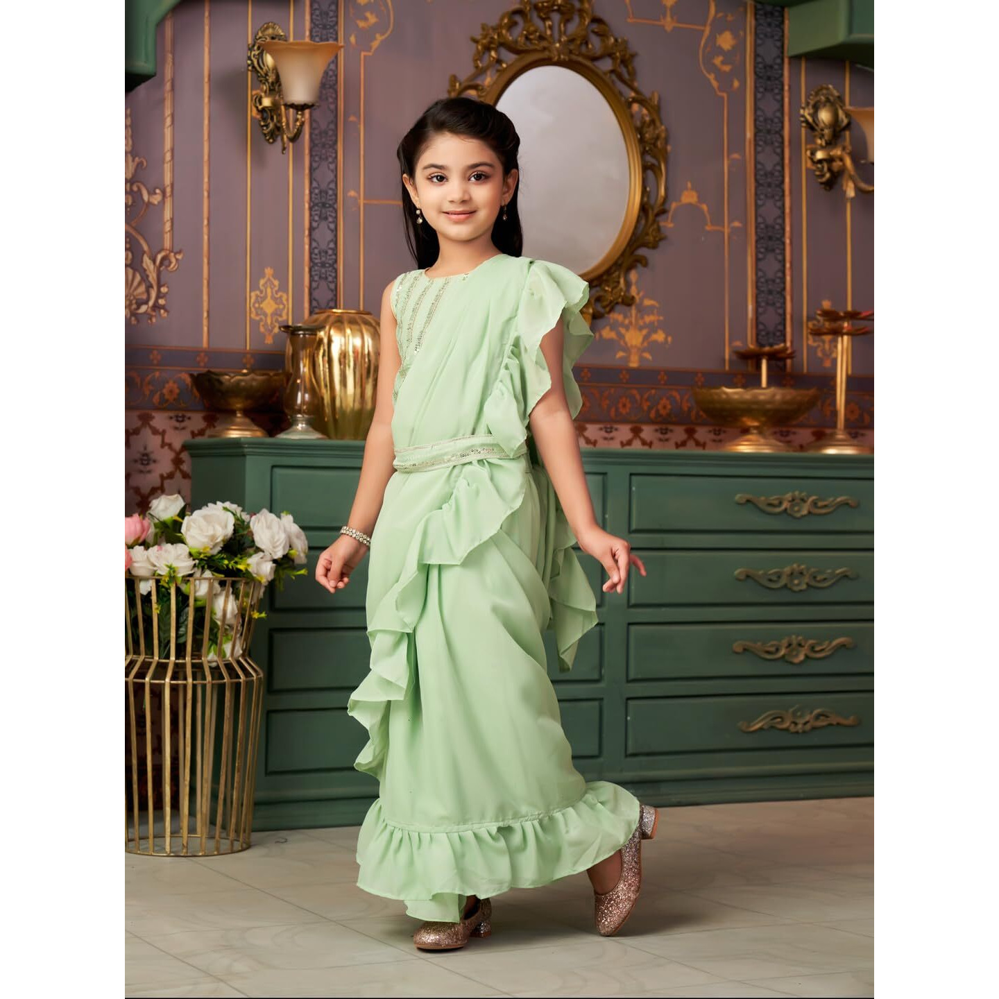 Aarika Girls Ethnic Wear Green Colour Sequin Embroidery Georgette Lehenga Choli Set With Attached Dupatta-4-13 Years (Lch-Shm-5018)