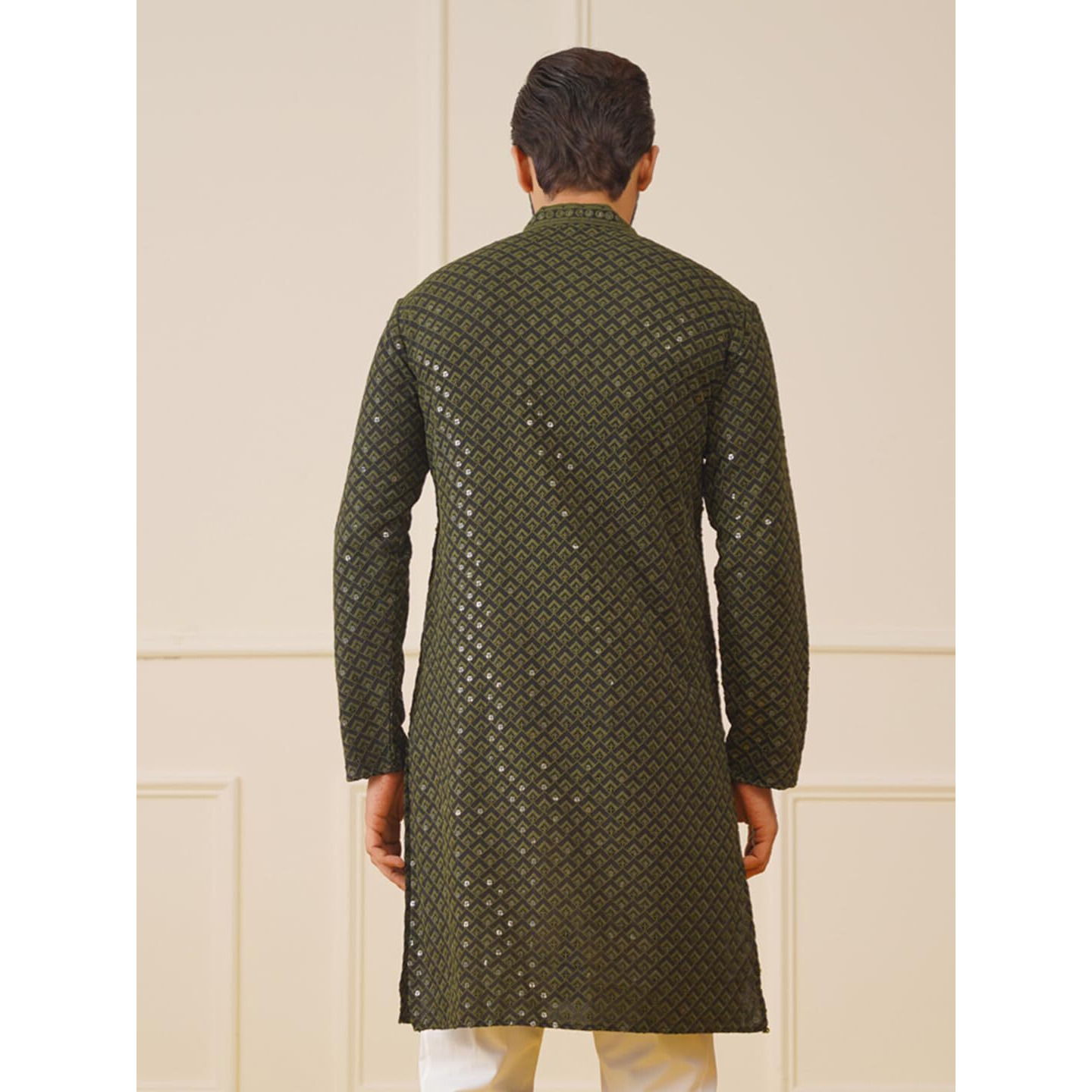 Jompers Men's Mehndi Sequin Embroidered Pure Cotton Kurtas. (Mehndi, L)
