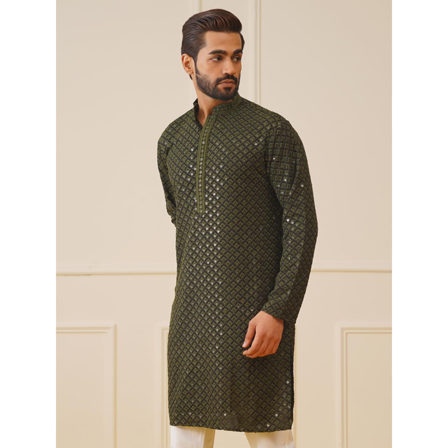 Jompers Men's Mehndi Sequin Embroidered Pure Cotton Kurtas. (Mehndi, L)