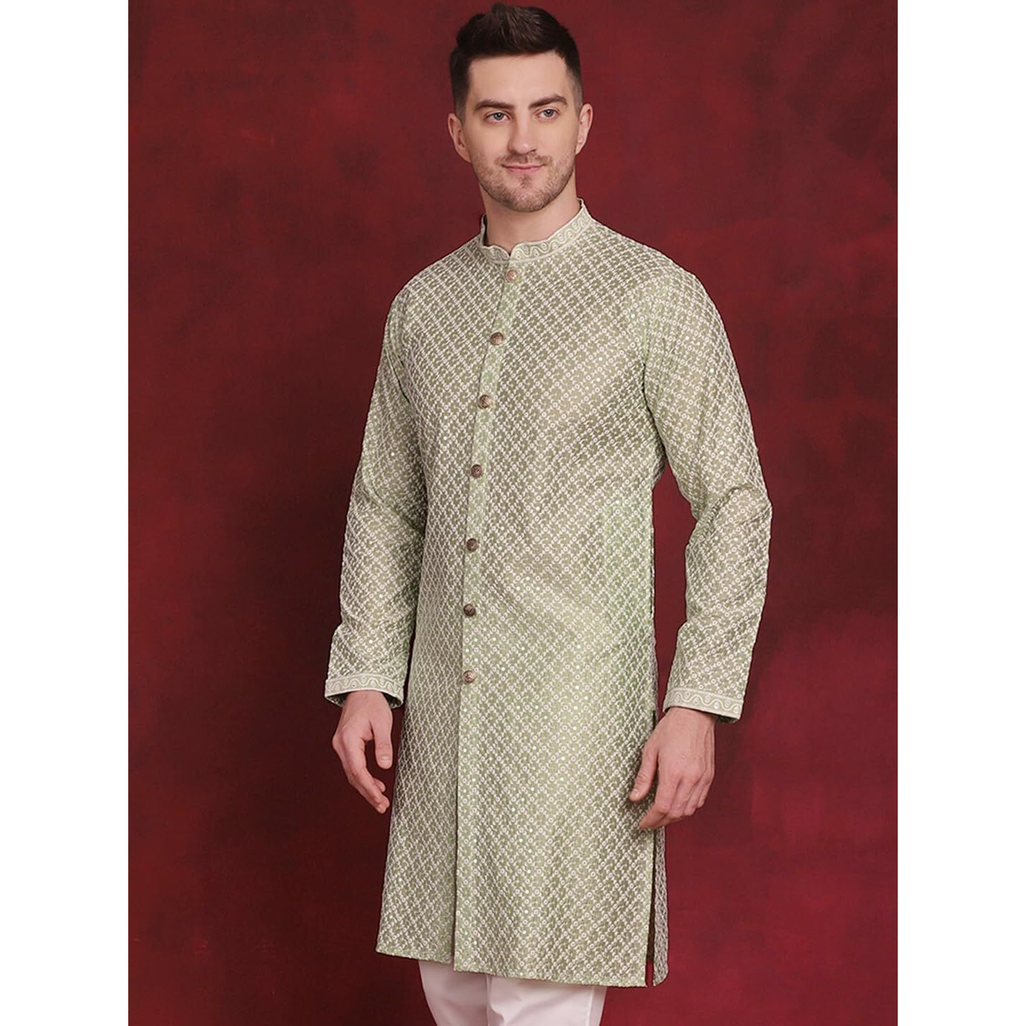 Jompers Men's Sequin Chikankari Front Open Kurtas (Pista, Xxl)