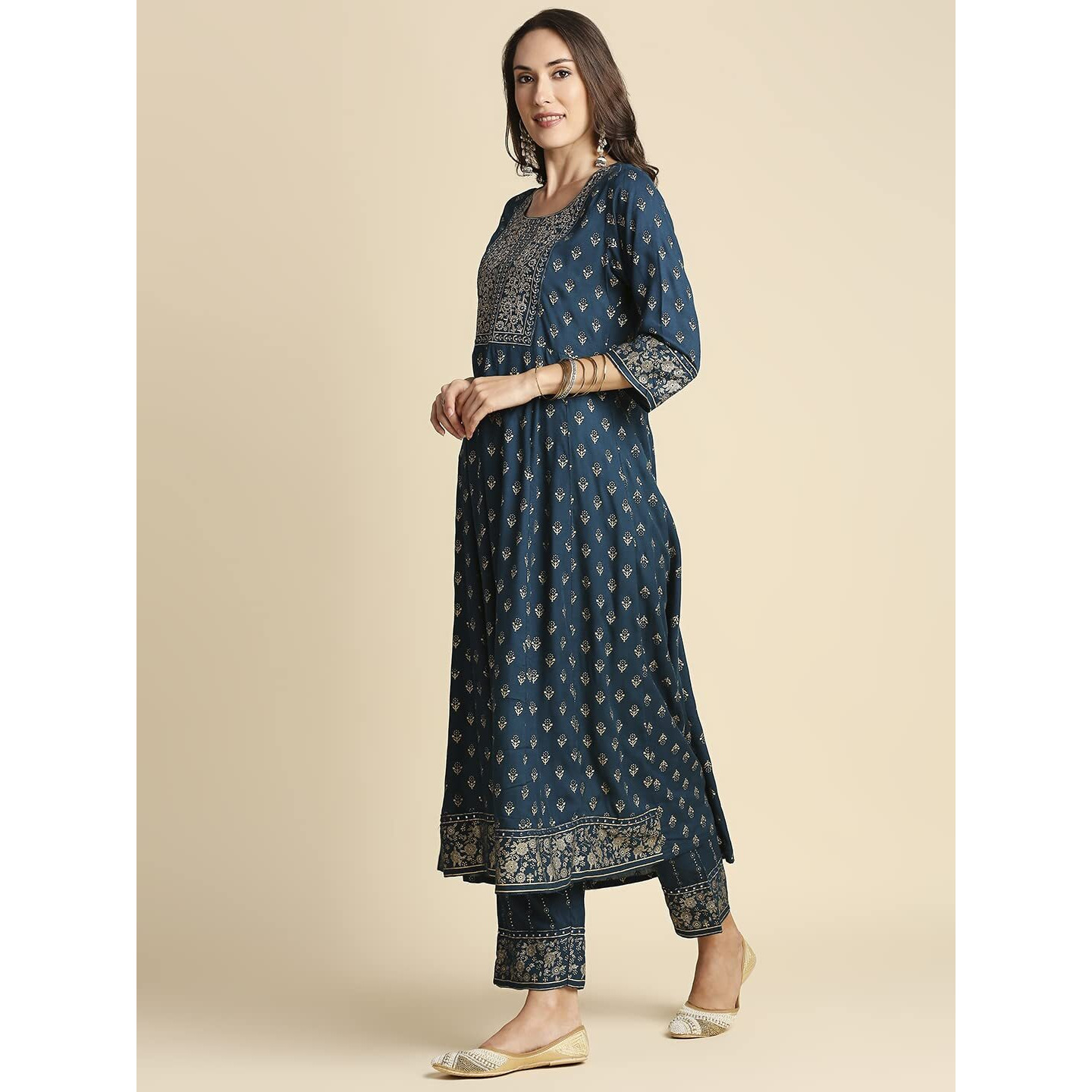 Anubhutee Navy Blue Ethnic Print Anarkali Kurta Pant Suit Set With Dupatta For Women