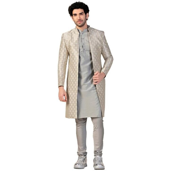 Kisah Men's Indo-Western Kurta Sherwani Churidar Set, Grey Silk Blend, Woven Design Regular Fit Mandarin Collar Long Sleeves|40