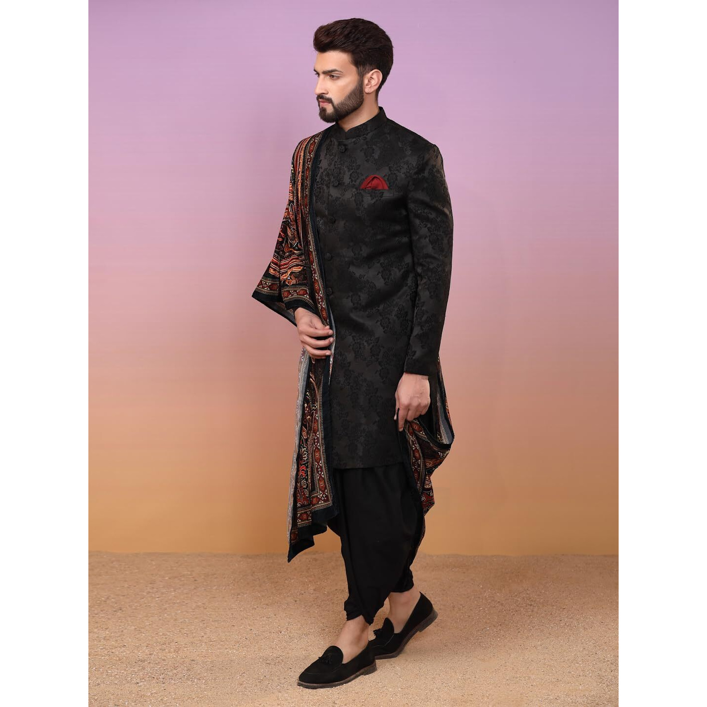 Kisah Indowestern Men's Ethnic Wear Silk Blend Woven Design Regular Fit Black Indo-Western Sherwani Set Indo-Western-38