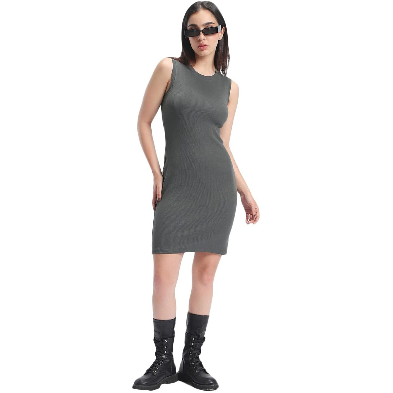 Bewakoof Women's Solid Rib Dress - Slim Fit, Round Neck, Sleeveless_584763_Grey_L