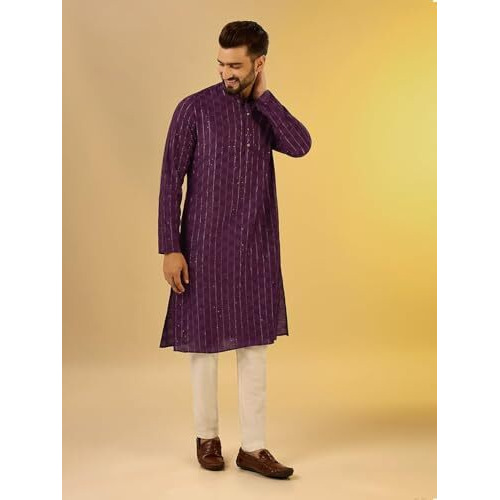 Kisah Men's Kurta, Burgundy Cotton, Embellished Regular Fit Long Sleeves Mandarin Collar (L)