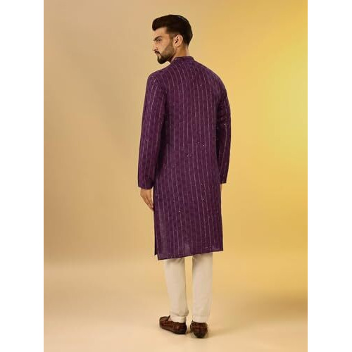 Kisah Men's Kurta, Burgundy Cotton, Embellished Regular Fit Long Sleeves Mandarin Collar (L)