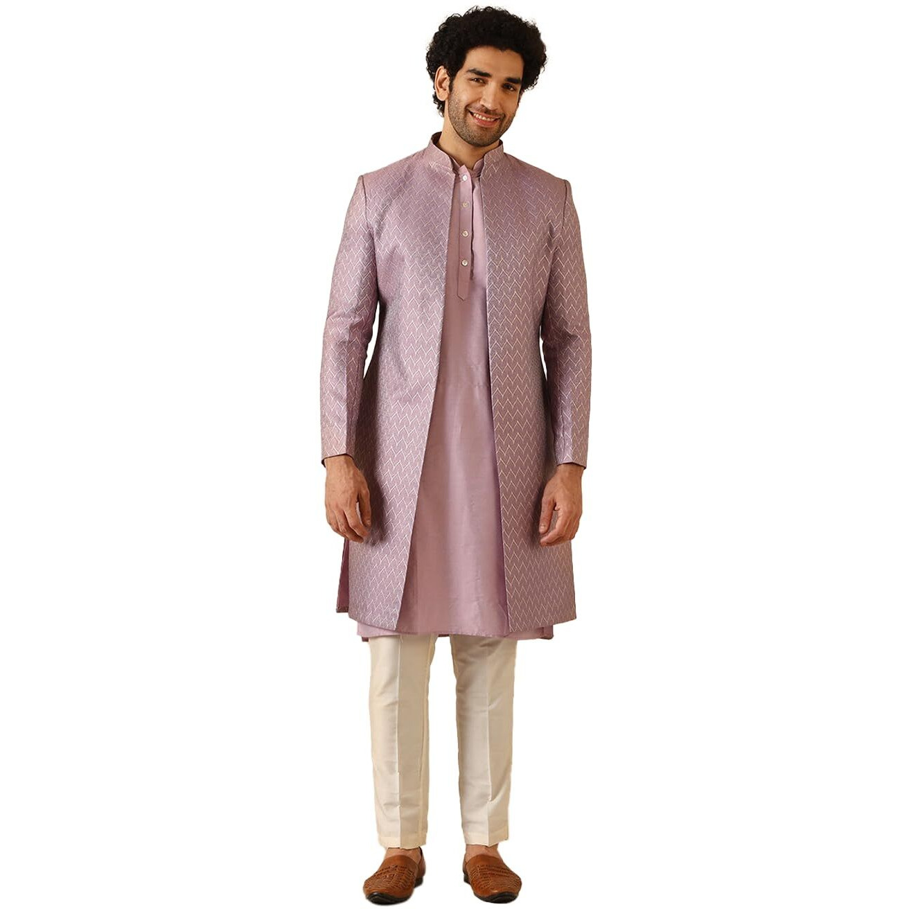 Kisah Sherwani Set For Men  Silk Blend Jacquard Textured Indo Western Sherwani With Kurta And Trouser | Designer Ethnic Outfit For Weddings & Festivals, Lilac, 42