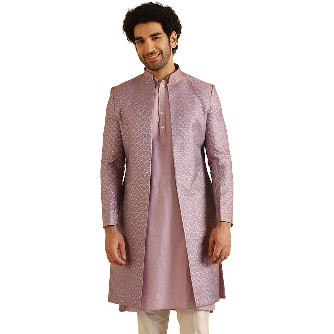 Kisah Sherwani Set For Men  Silk Blend Jacquard Textured Indo Western Sherwani With Kurta And Trouser | Designer Ethnic Outfit For Weddings & Festivals, Lilac, 42