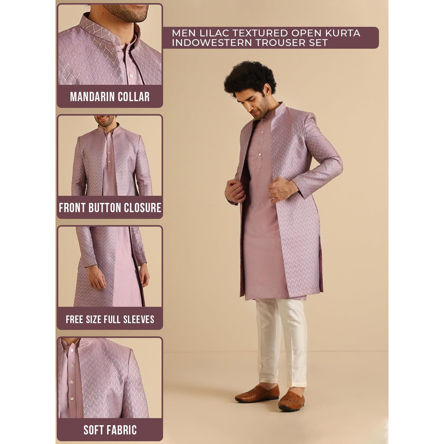 Kisah Sherwani Set For Men  Silk Blend Jacquard Textured Indo Western Sherwani With Kurta And Trouser | Designer Ethnic Outfit For Weddings & Festivals, Lilac, 42