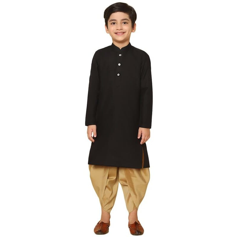 Kisah Boy's Kurta Dhoti Set, Cotton Blend Black, Solid Long Sleeves Regular Fit Mandarin Collar (11-12 Years)