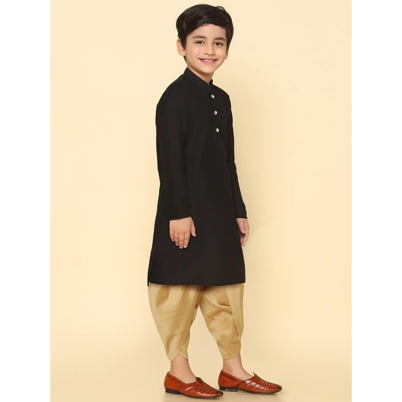 Kisah Boy's Kurta Dhoti Set, Cotton Blend Black, Solid Long Sleeves Regular Fit Mandarin Collar (11-12 Years)