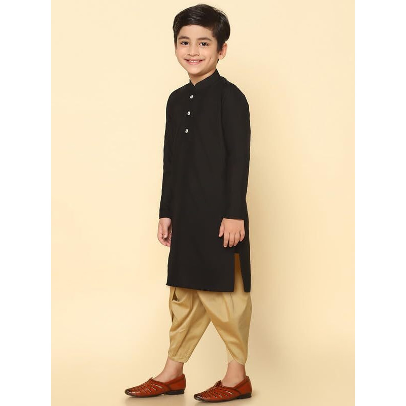 Kisah Boy's Kurta Dhoti Set, Cotton Blend Black, Solid Long Sleeves Regular Fit Mandarin Collar (11-12 Years)
