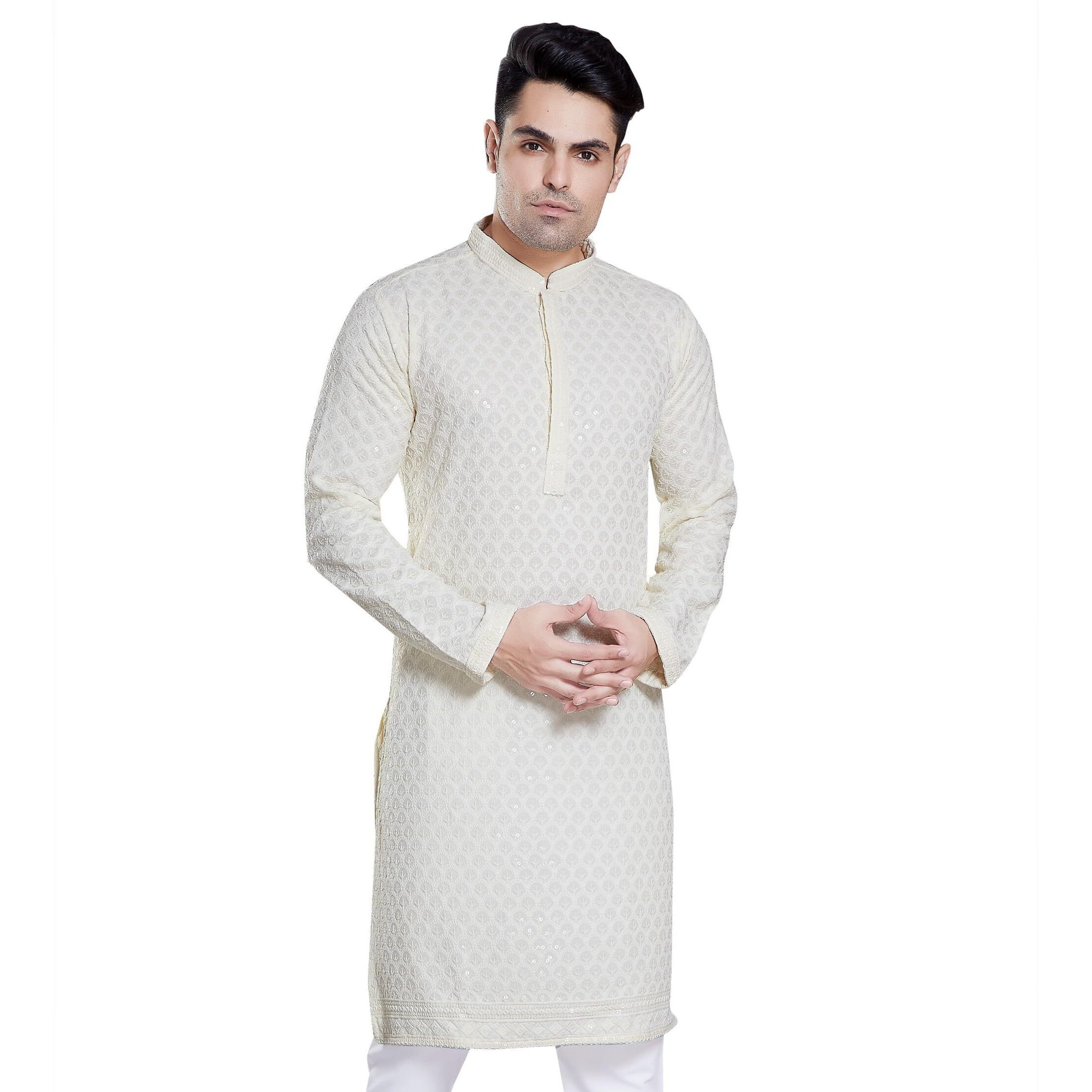 Divisive Men's Sequince Embroidered Cotton Blend Only Slim Fit Kurta (Dkrt105_Xl_Cream)
