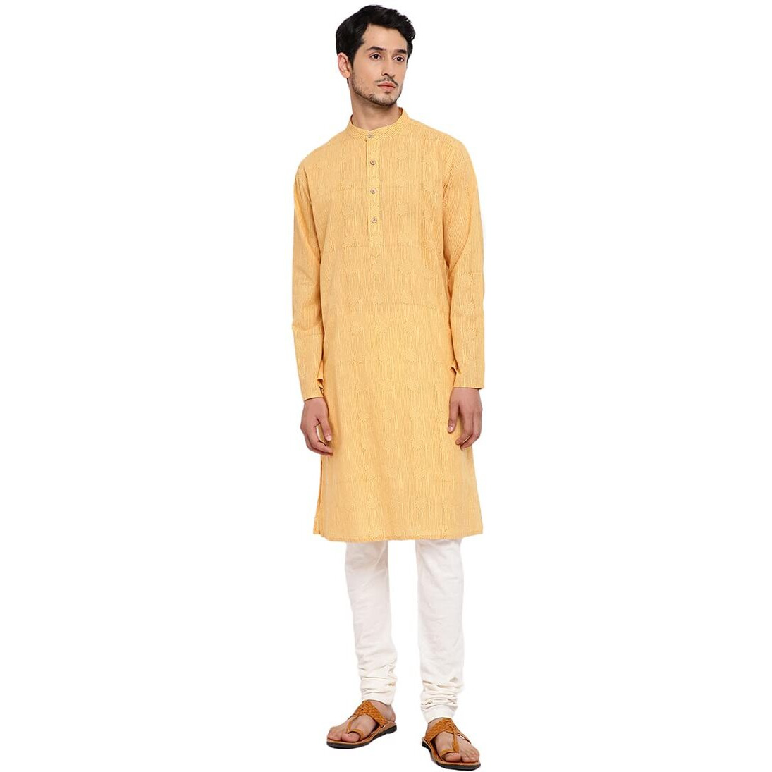 Fabindia Men's Cotton Printed Slim Kurta (100720201_Yellow