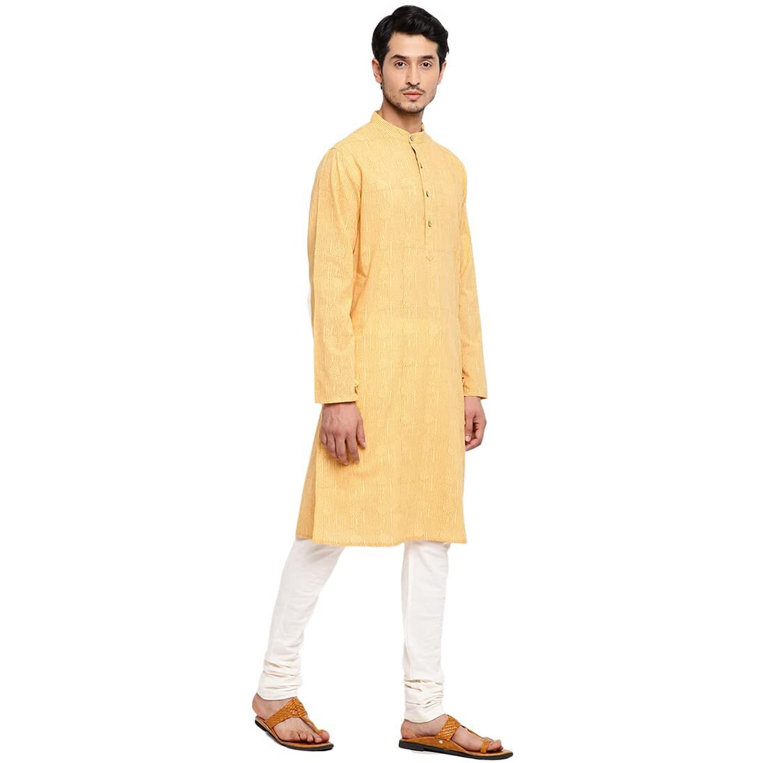 Fabindia Men's Cotton Printed Slim Kurta (100720201_Yellow