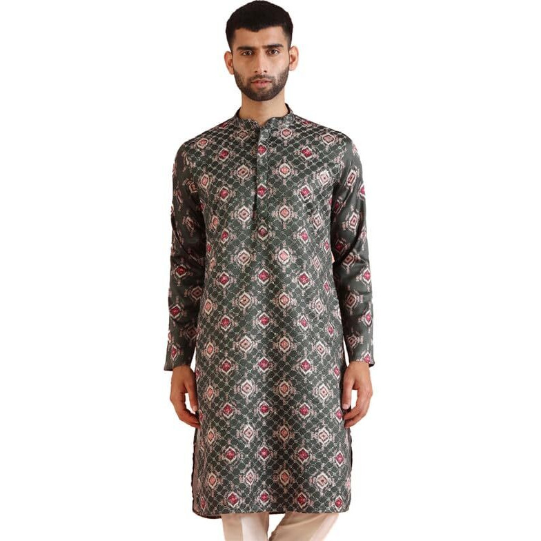 Kisah Men's Kurta, Bottle Green Silk Blend, Embroidered Regular Fit Mandarin Collar Long Sleeves (42)