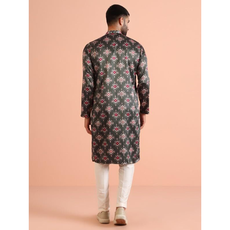 Kisah Men's Kurta, Bottle Green Silk Blend, Embroidered Regular Fit Mandarin Collar Long Sleeves (42)