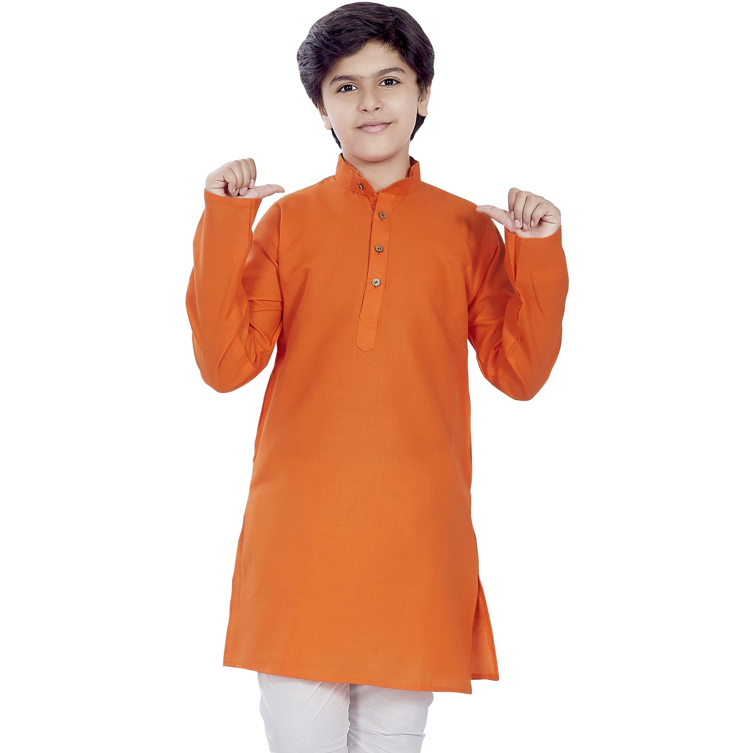 Divisive Boy's Plain Cotton Blend Ethnic Kurta Pyjama Set (Dkd4_24_Orange)