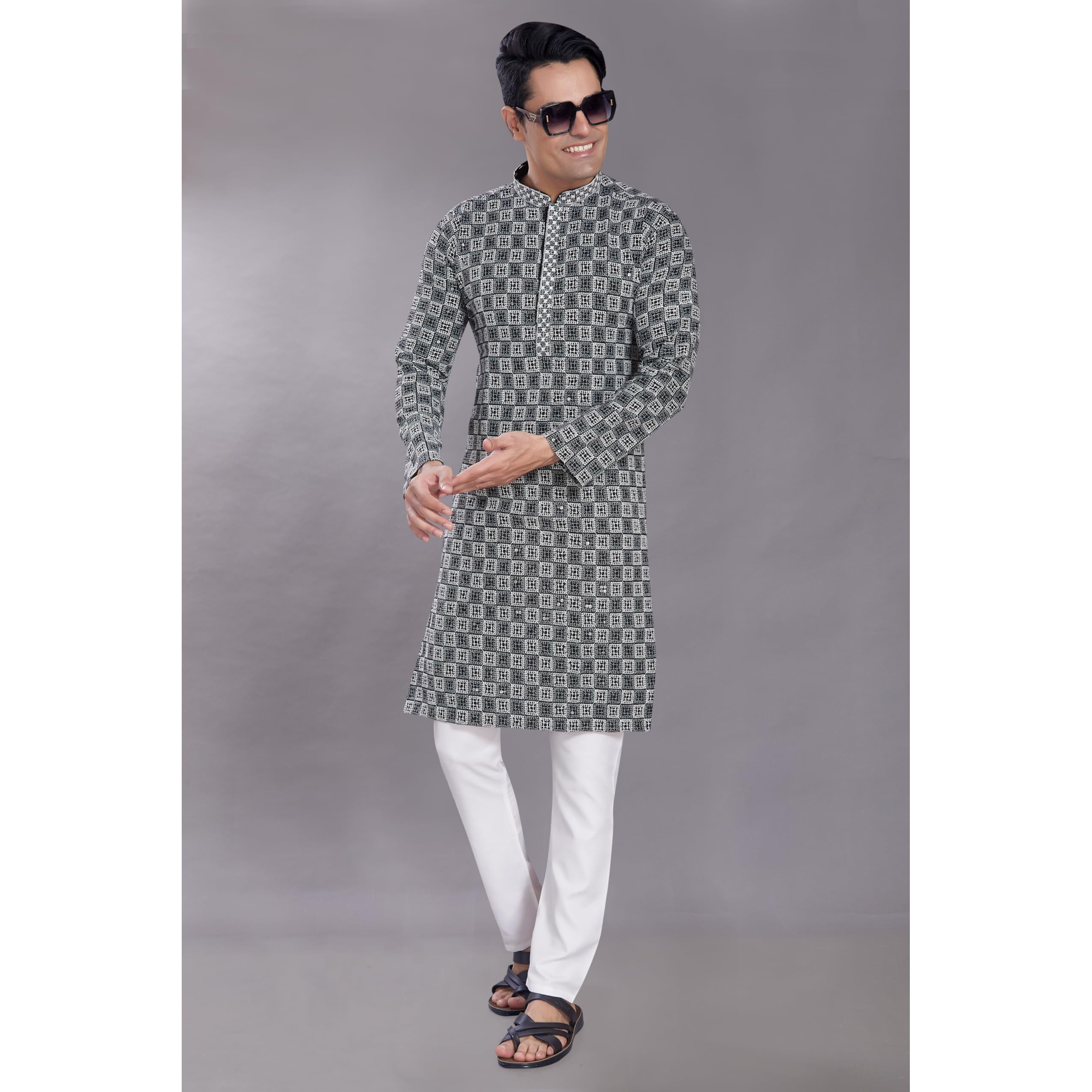 Divisive Men's Sequince Embroidered Cotton Blend Only Slim Fit Kurta (Dkrt605_L_Black)
