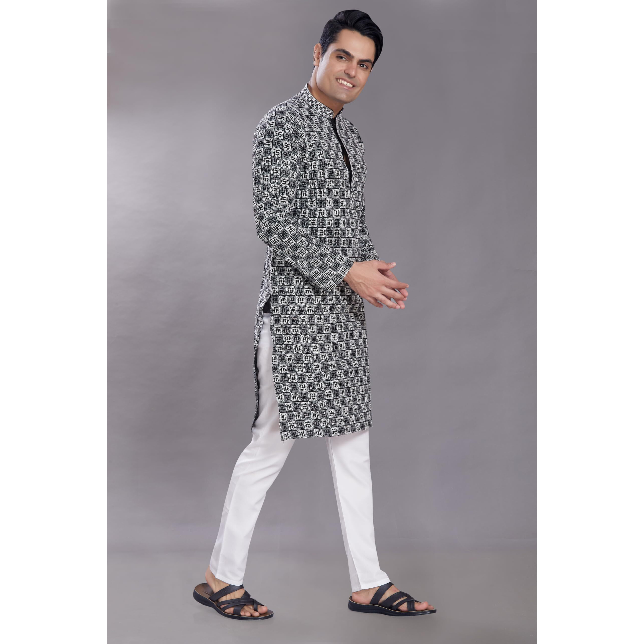 Divisive Men's Sequince Embroidered Cotton Blend Only Slim Fit Kurta (Dkrt605_L_Black)