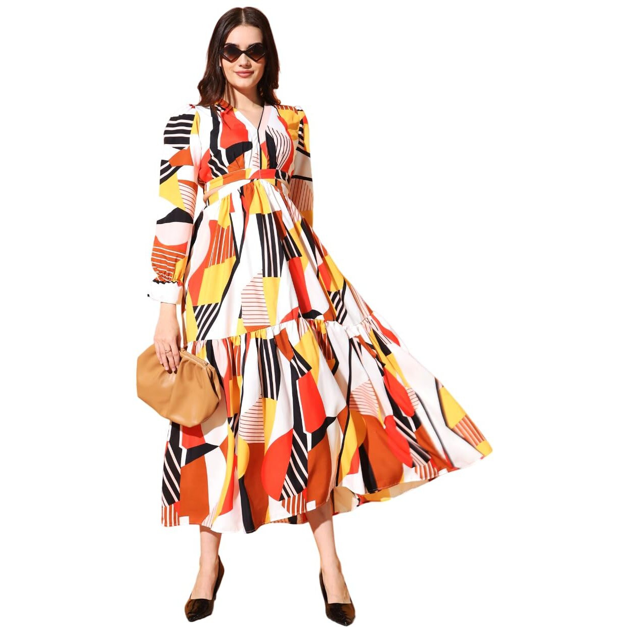 Kzully Women|Embrace Chic Vibes With This V-Neck Fit & Flare Maxi Dress Featuring Waist Cutouts White-Red, Large