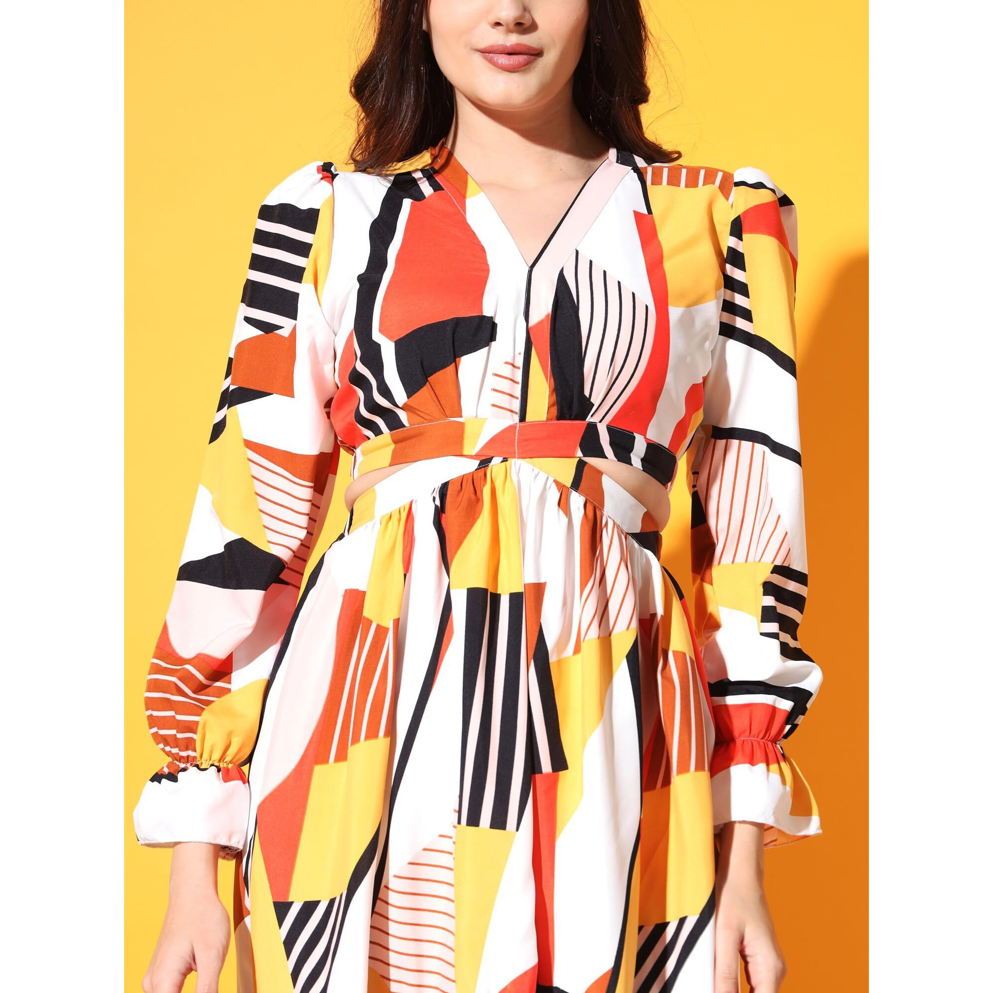 Kzully Women|Embrace Chic Vibes With This V-Neck Fit & Flare Maxi Dress Featuring Waist Cutouts White-Red, Large