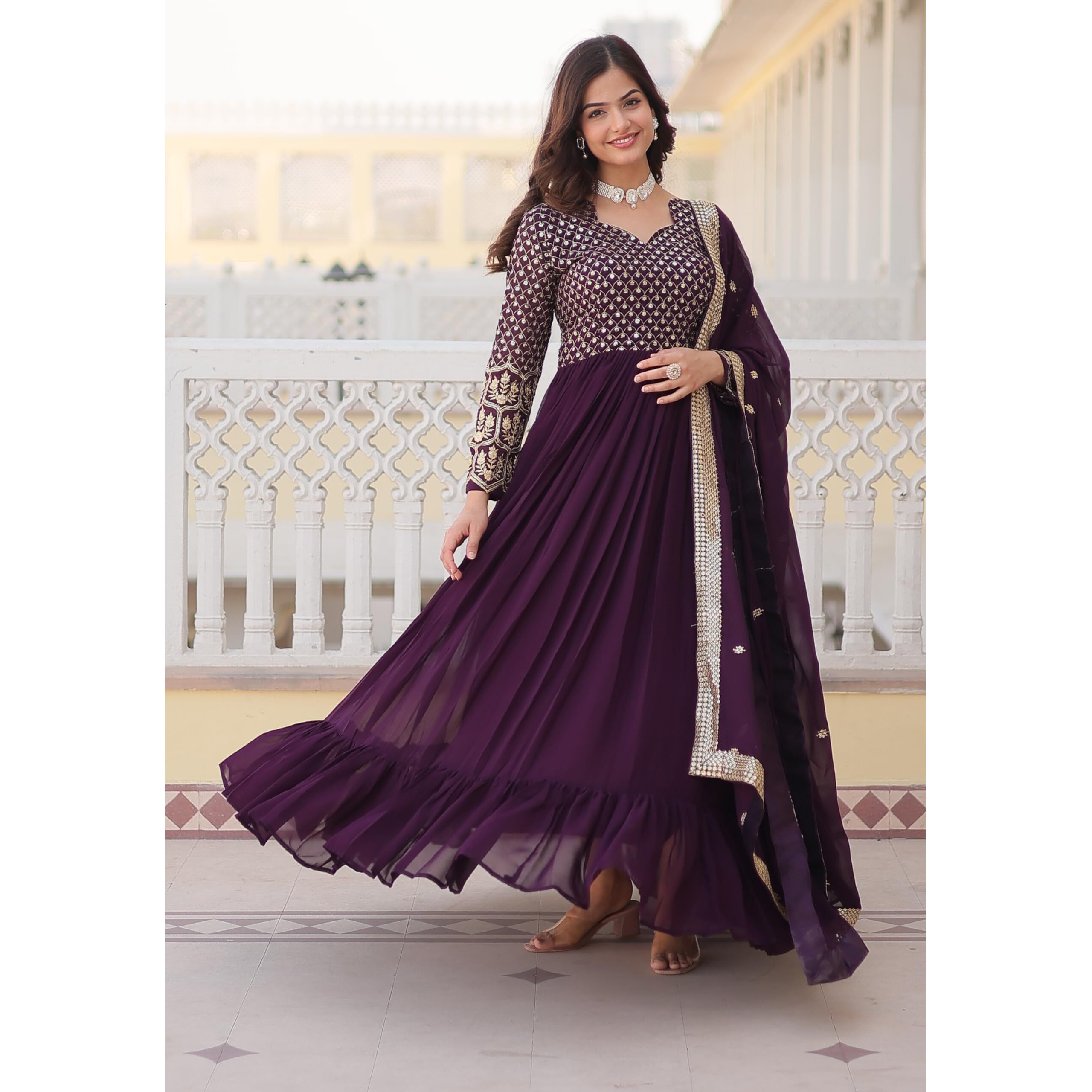 Fashion Basket Women's Georgette Anarkali Kurta Set With Duptta For Women (In, Alpha, S, Regular, Purple)