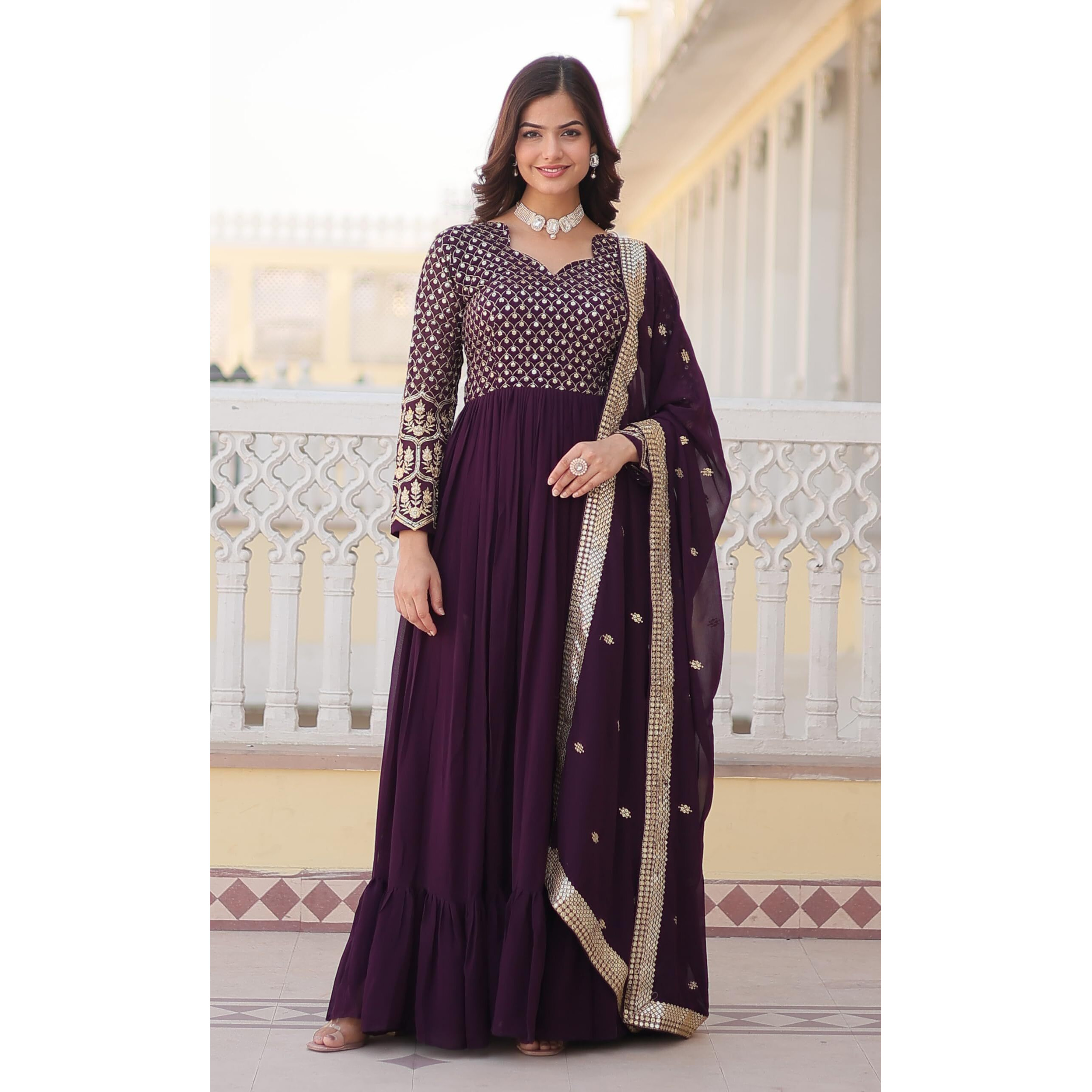 Fashion Basket Women's Georgette Anarkali Kurta Set With Duptta For Women (In, Alpha, S, Regular, Purple)