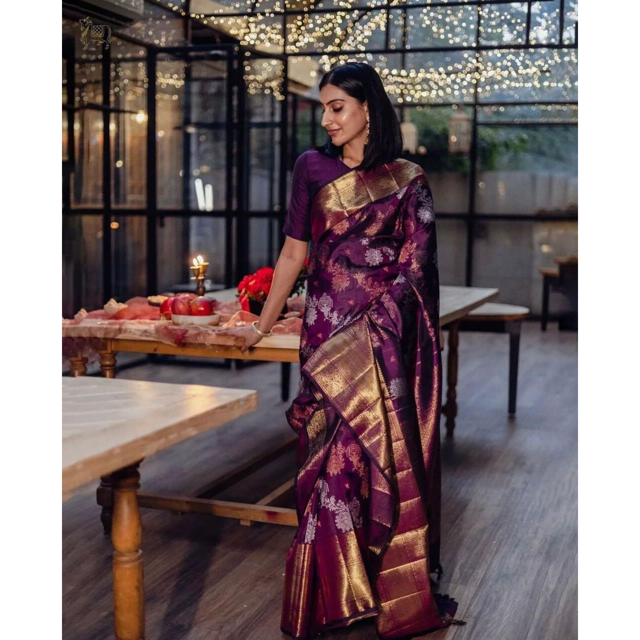 Flosive Women's Beautiful Hot Wine Shine Kanjivaram Wedding Saree With Blouse