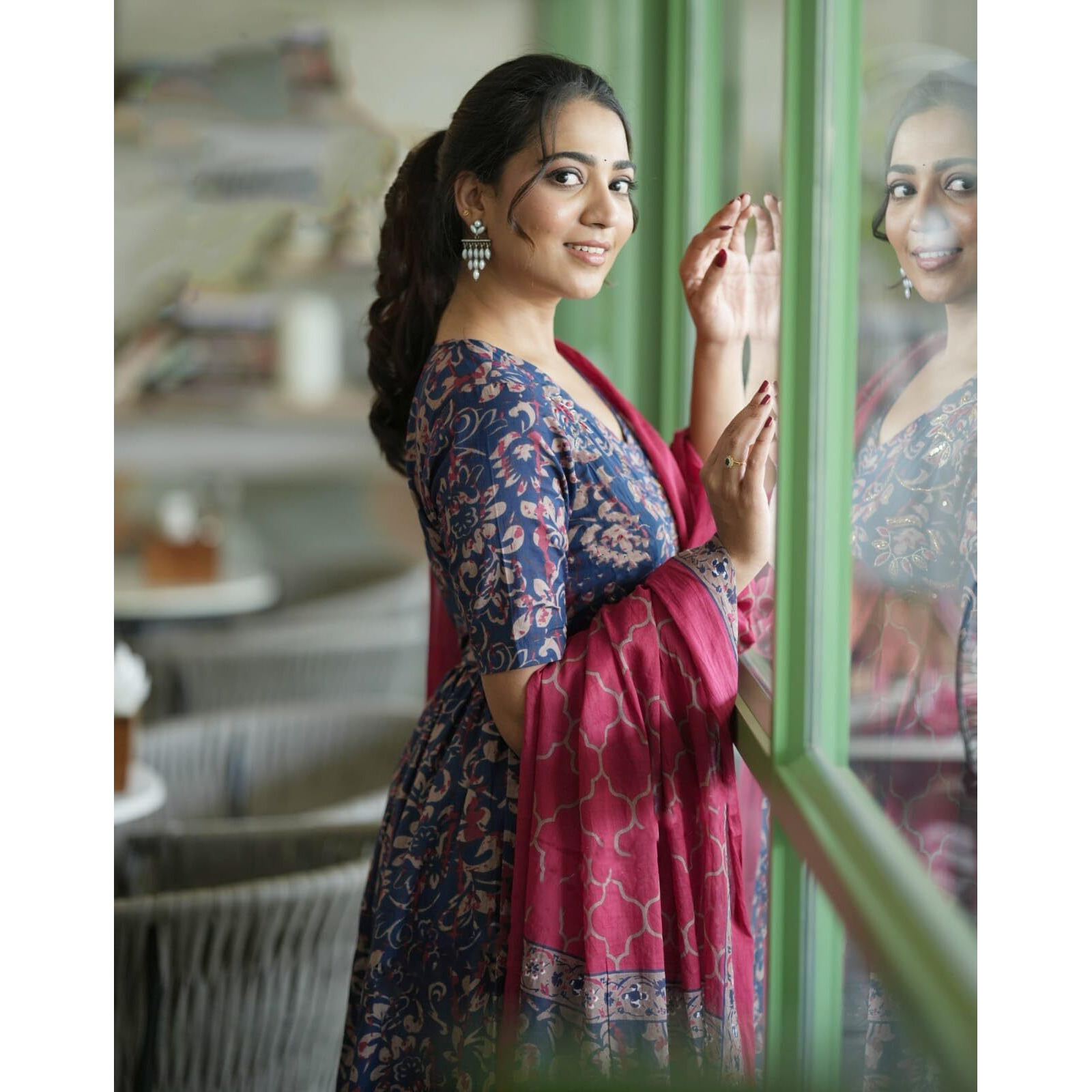 Nermosa Viscose Women Printed Anarkali Kurta And Pant With Dupatta Set (In, Alpha, Large, Blue)