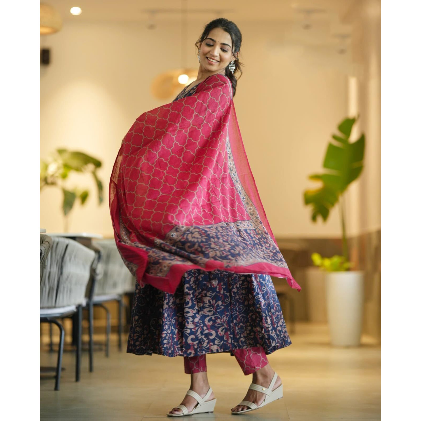 Nermosa Viscose Women Printed Anarkali Kurta And Pant With Dupatta Set (In, Alpha, Large, Blue)
