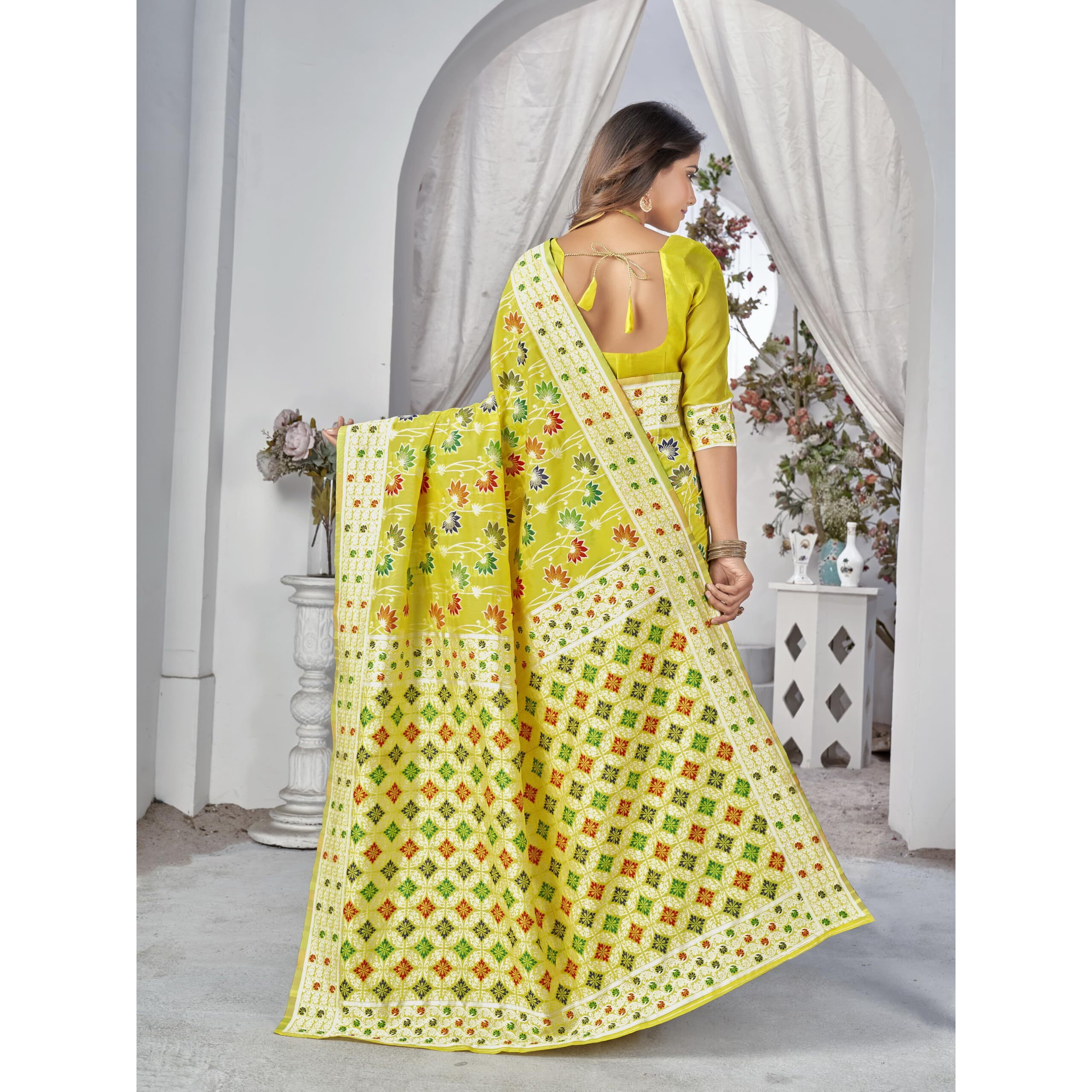 Glory Sarees Women's Kashmiri Pashmina Silk Woven Saree With Blouse Piece (Modern_Silk101_Yellow)