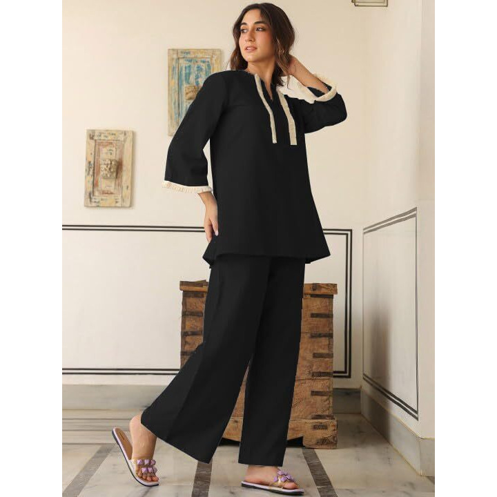 Greciilooks Polycotton Ethnic Mid-Thigh Length Stylish | Festive Travel Co Ord Kurta Set For Women (Gl-W2048&Tr1023_Black_2Xl)