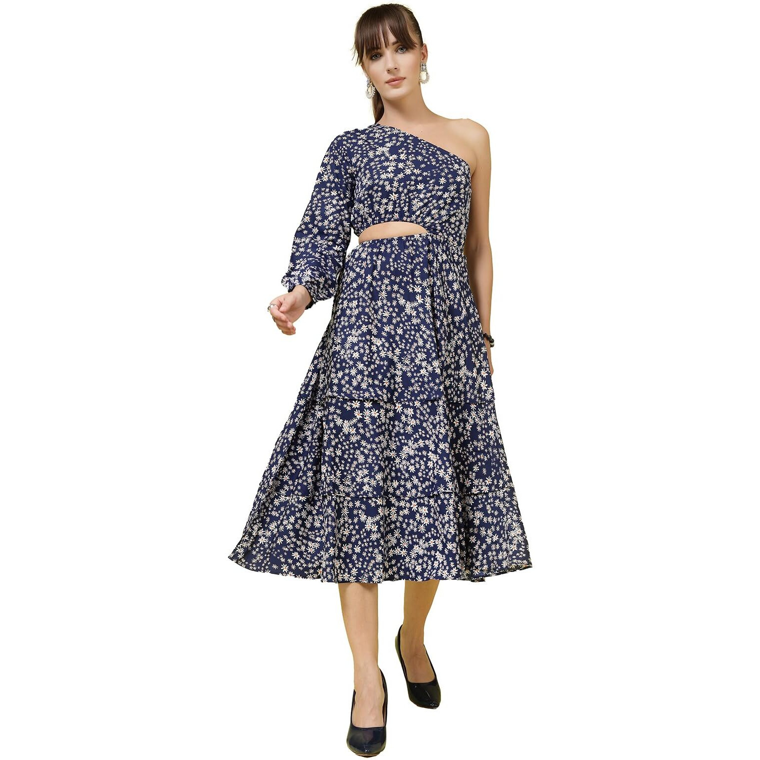 Oomph Women's Crepe A-Line Midi Dress (Waist Cutout One Shoulder_Berry Blue