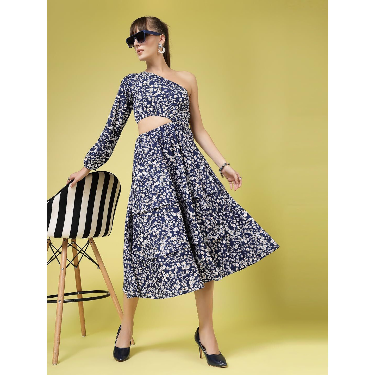 Oomph Women's Crepe A-Line Midi Dress (Waist Cutout One Shoulder_Berry Blue