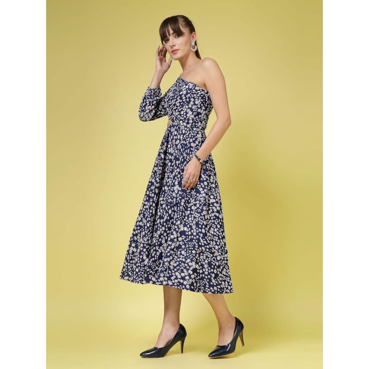 Oomph Women's Crepe A-Line Midi Dress (Waist Cutout One Shoulder_Berry Blue