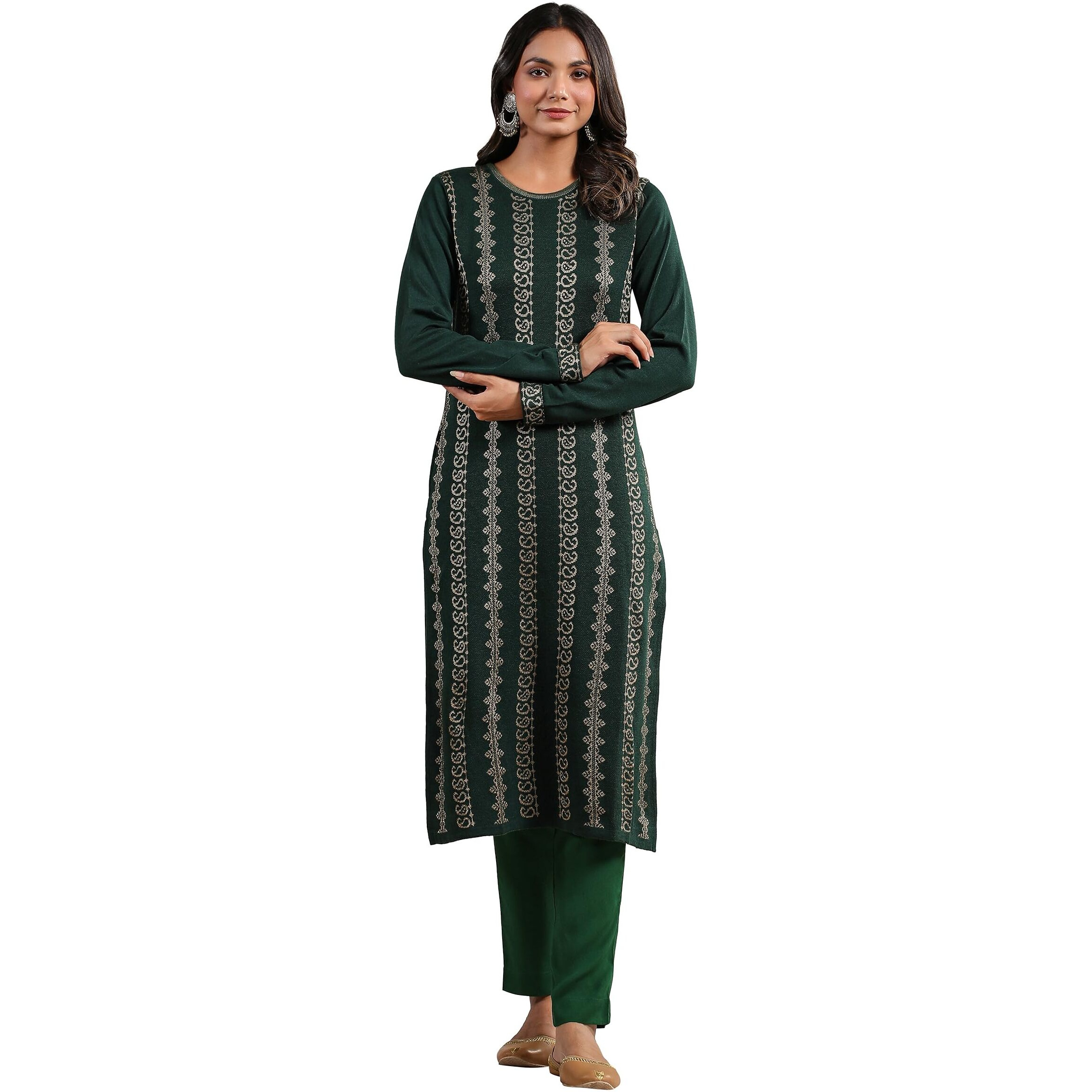Ishin Women's Green Jacquard Style Ethnic Motifs Straight Winterwear Kurta