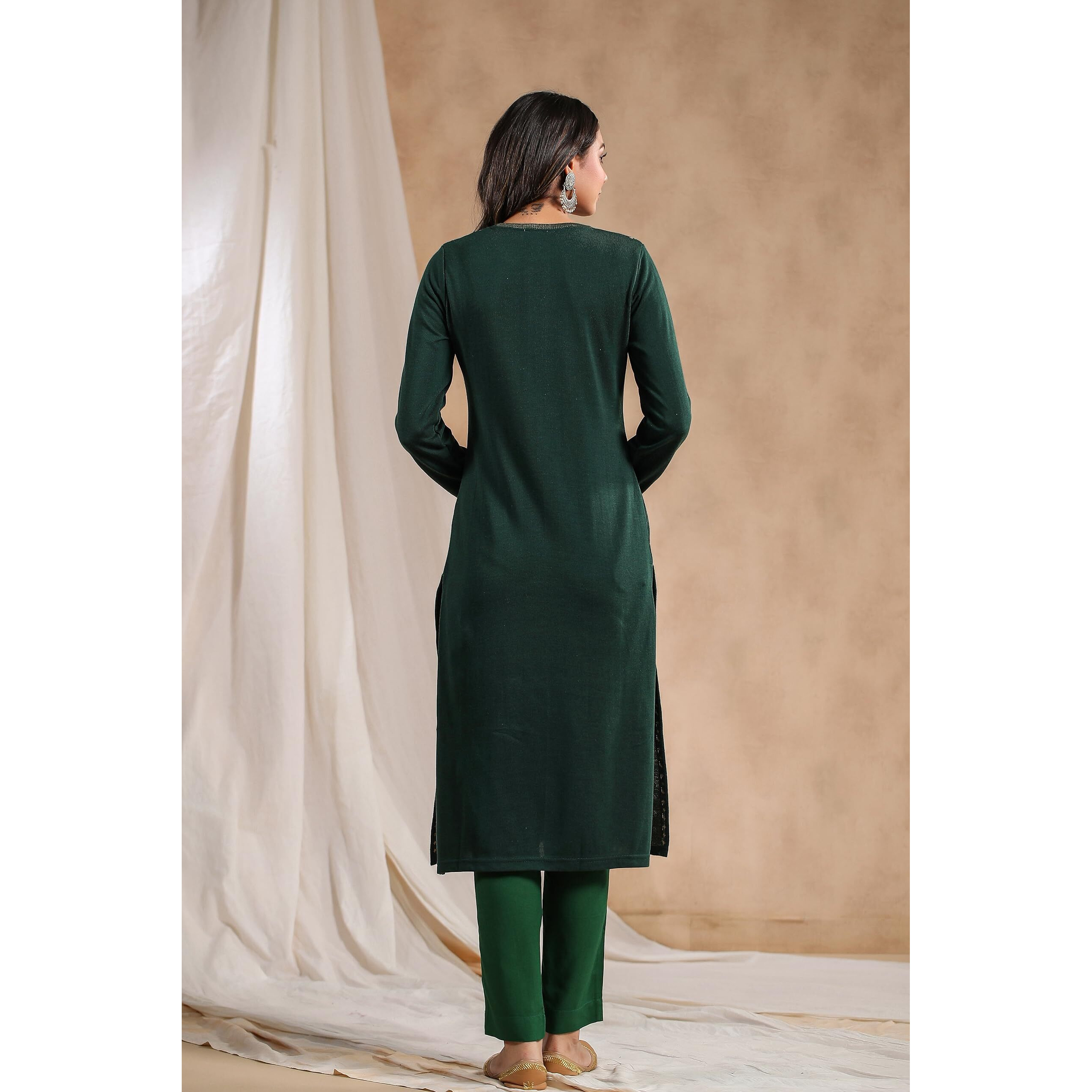 Ishin Women's Green Jacquard Style Ethnic Motifs Straight Winterwear Kurta