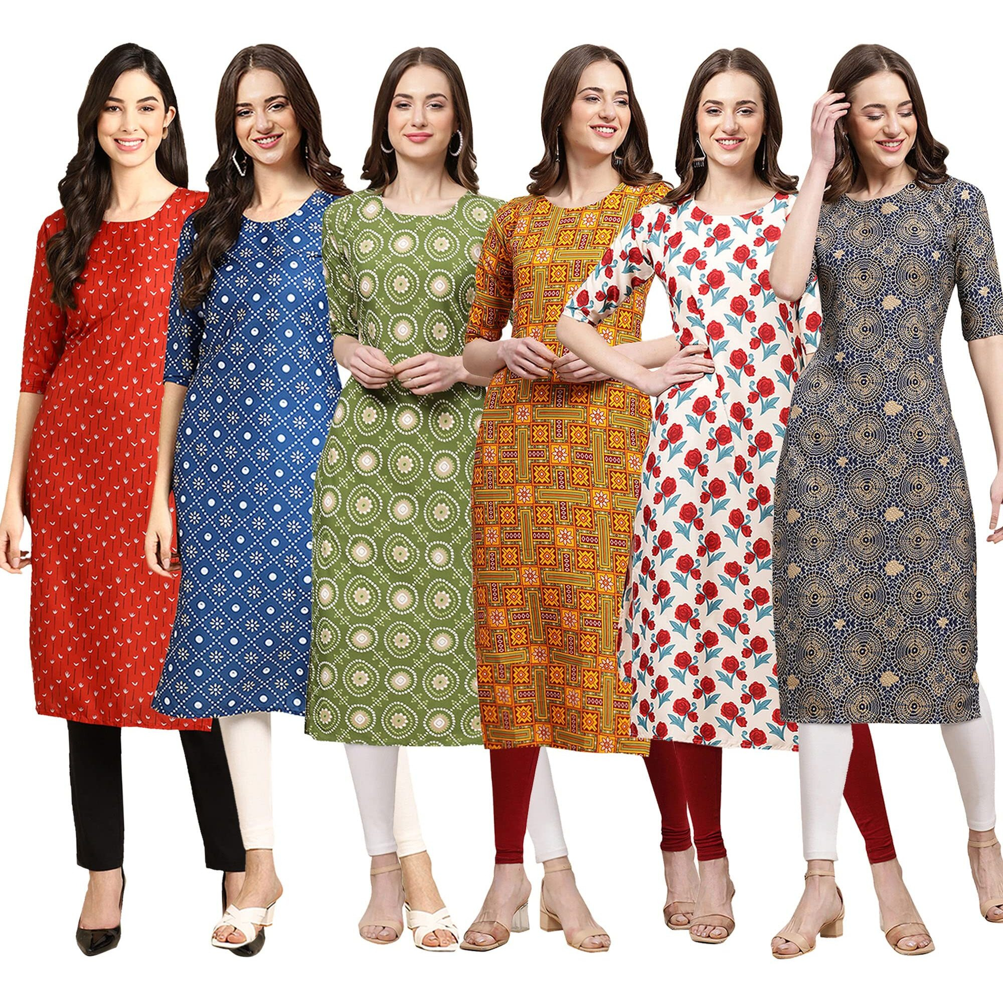 Pinkmint Women's Crepe Digital Print Straight Kurta Pack Of 6 Multicolour