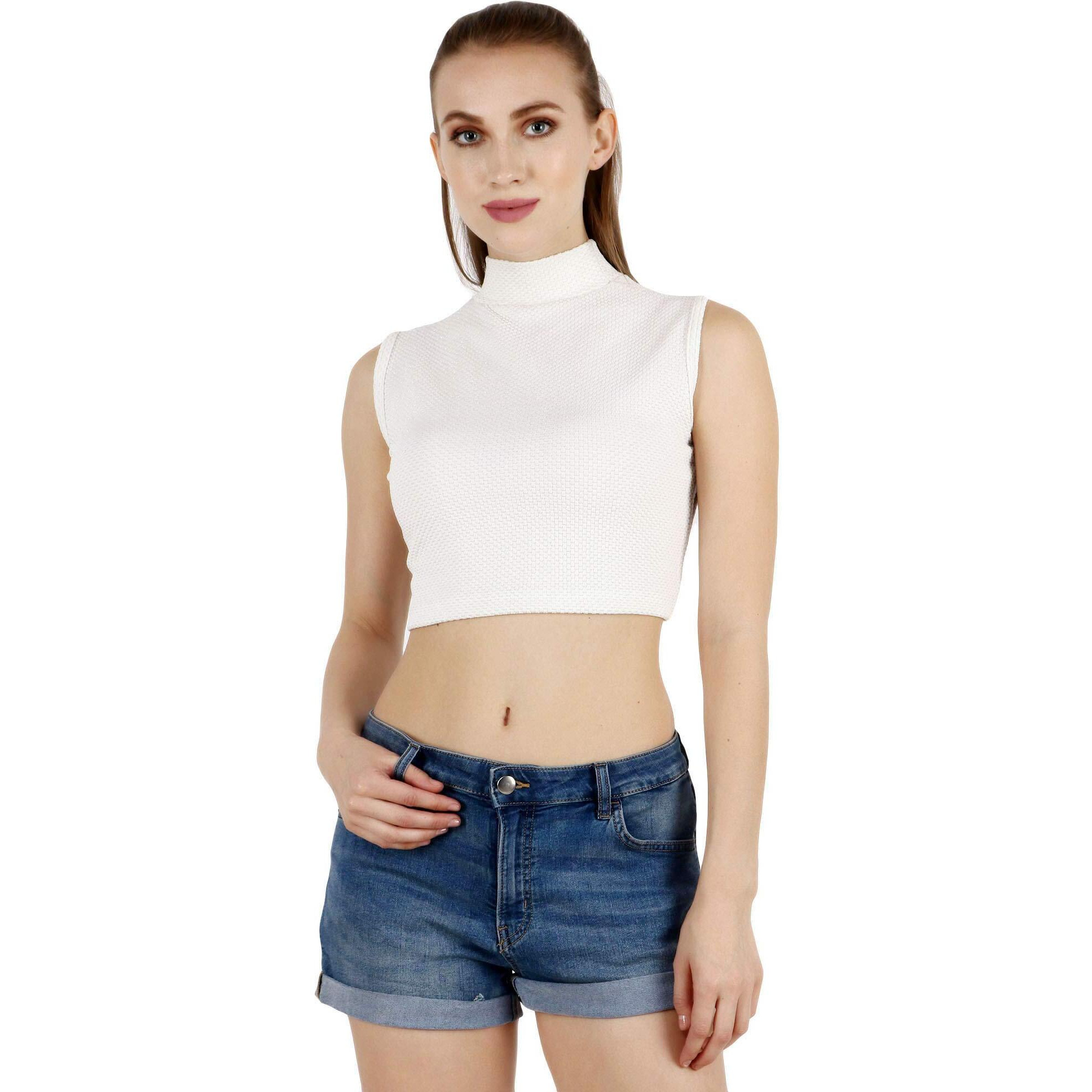 Popwings Women's Polyester Solid Sleeveless Blouse (Bpopt00788_White_L)