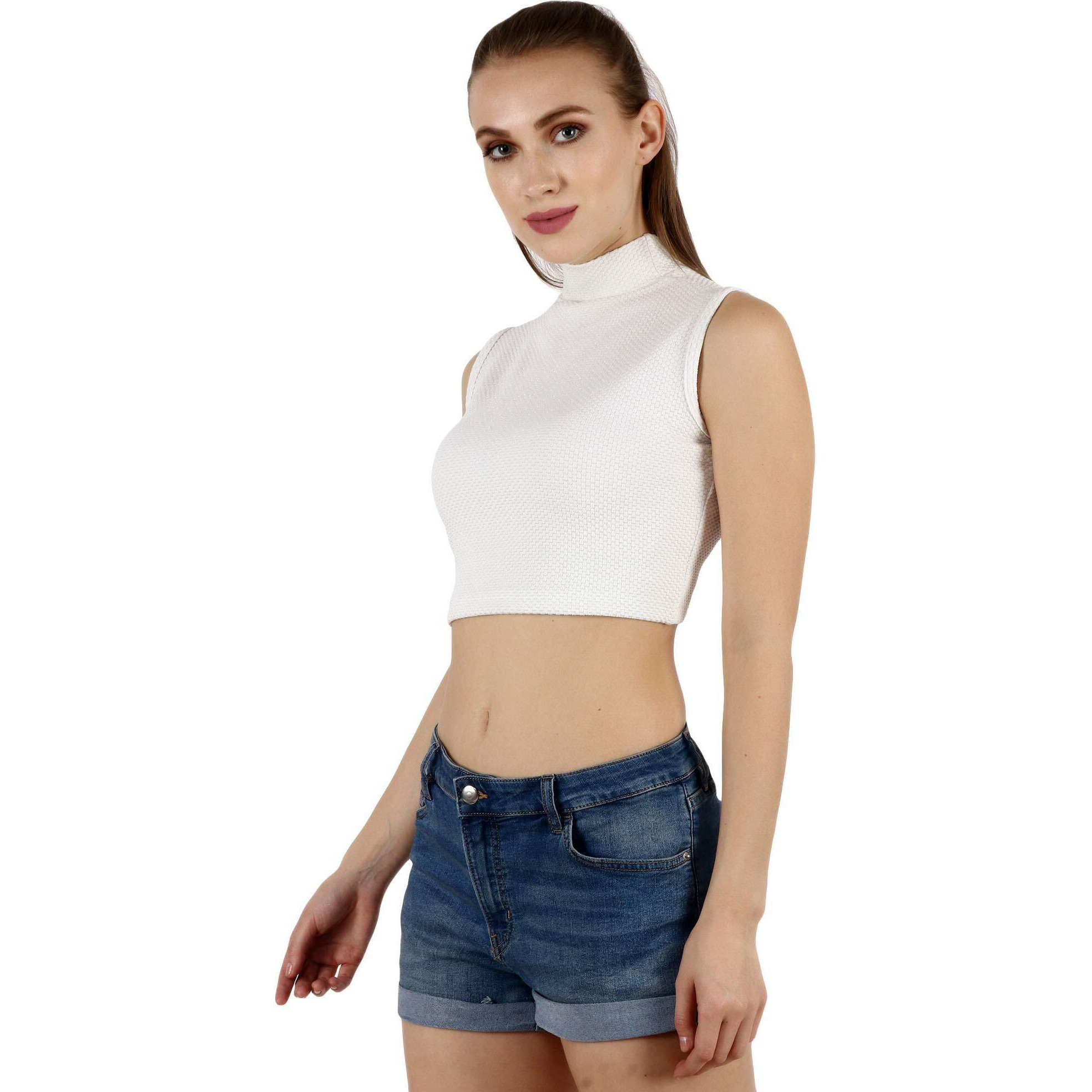 Popwings Women's Polyester Solid Sleeveless Blouse (Bpopt00788_White_L)