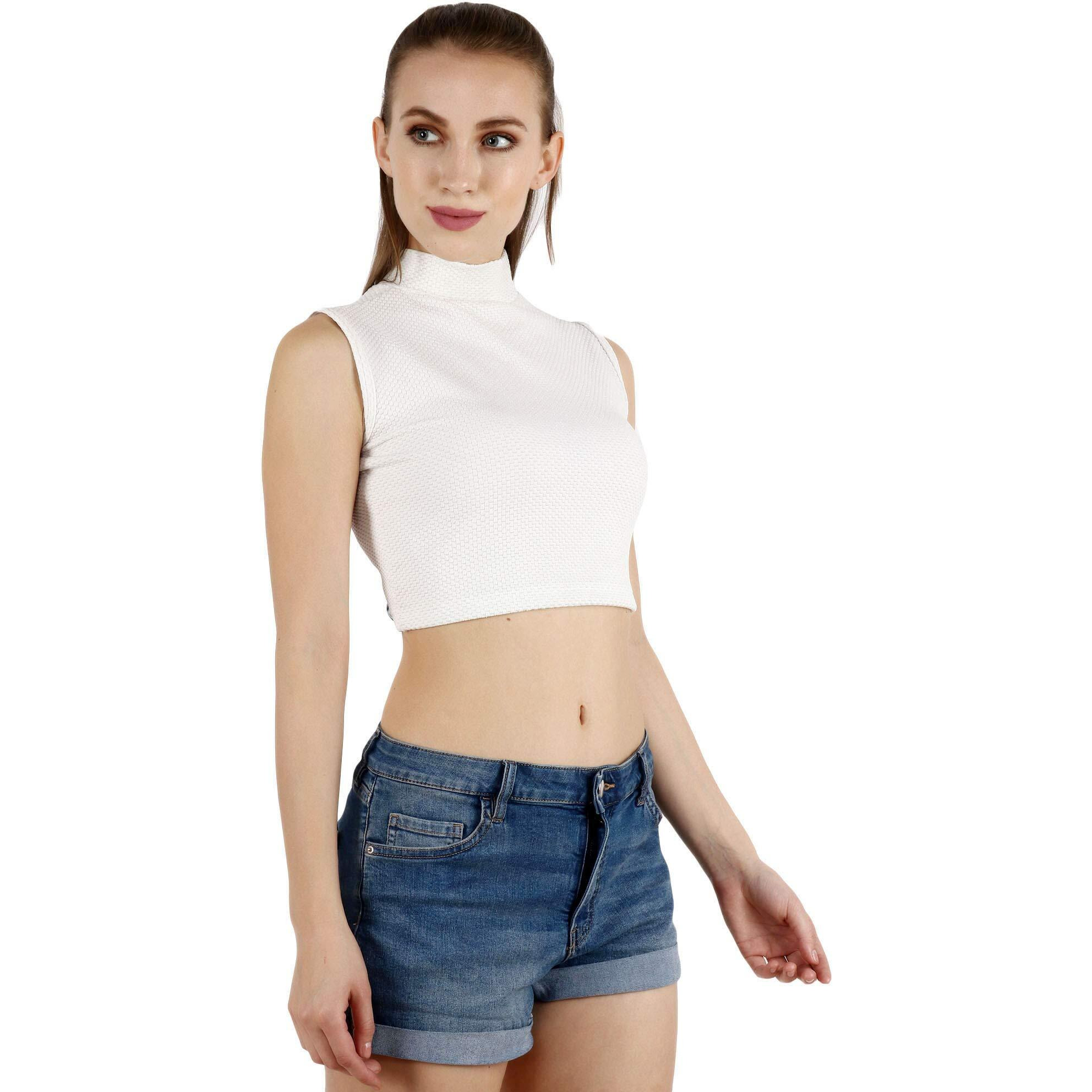 Popwings Women's Polyester Solid Sleeveless Blouse (Bpopt00788_White_L)