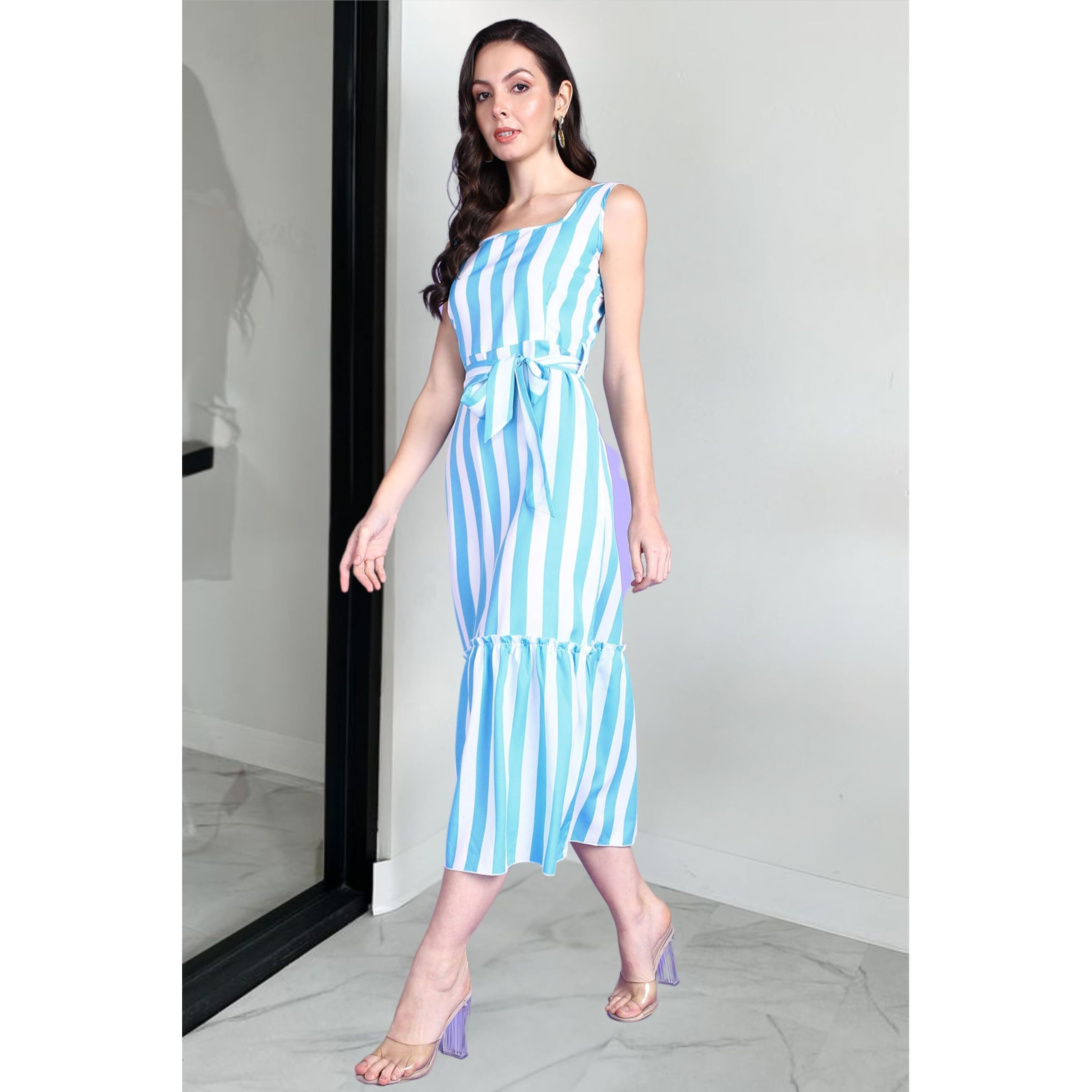 Popwings Women Casual Sky Blue & White Stripe Long Belt Dress Dress | Stylish Dress | Trendy Dress