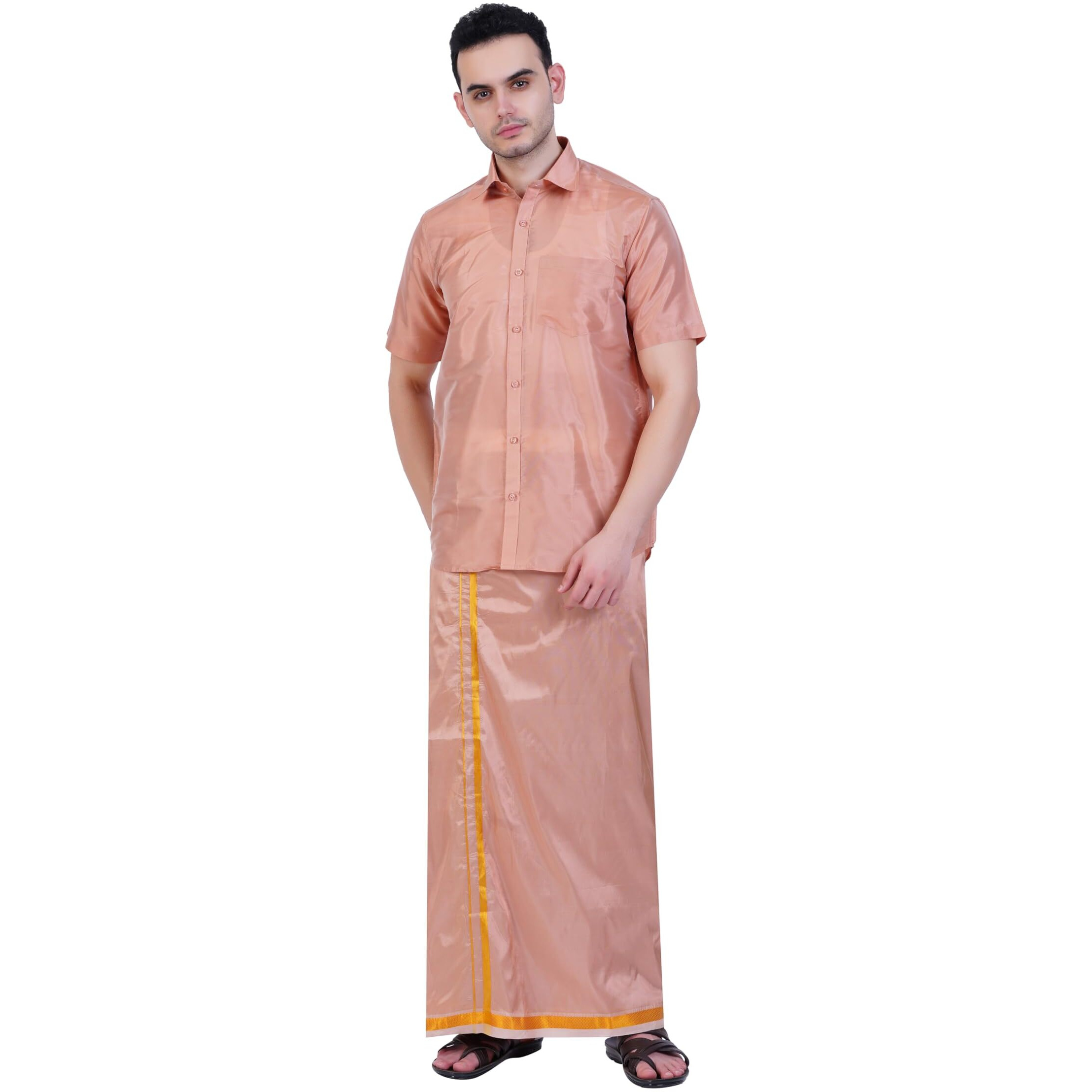 Prakasam Cotton-Mens Art Silk Wedding Set/Art Silk 8 Mulam (8-Yard) Dhoti And Stitched Half Sleeve Shirt