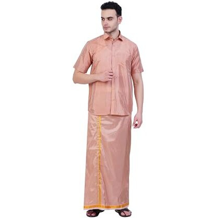 Prakasam Cotton-Mens Art Silk Wedding Set/Art Silk 8 Mulam (8-Yard) Dhoti And Stitched Half Sleeve Shirt